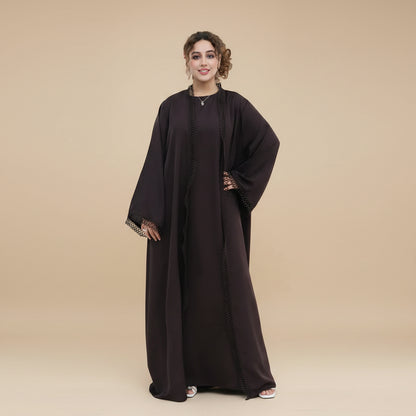 3D Floral Lace 2 Pieces Set Open Abaya Dress Set - With Inner Sleeveless Abaya Dress - #261182