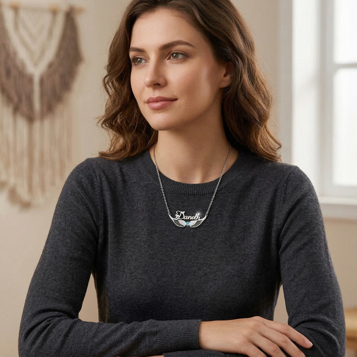 قلادة اسم مخصصة مع حجر البخت - عربي وإنجليزي #2ZX