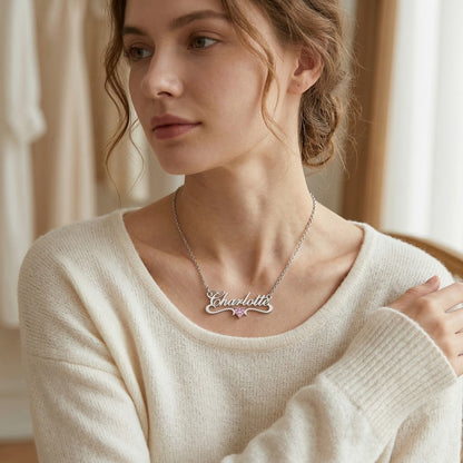 قلادة اسم شخصية باللغتين العربية والإنجليزية مع حجر الميلاد #6ZX