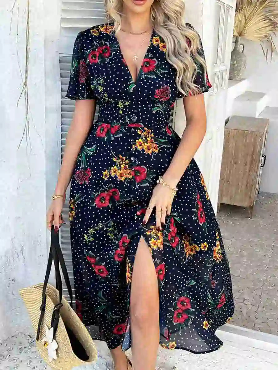 Bohemia V-Neck Printed Women Dress #2523048