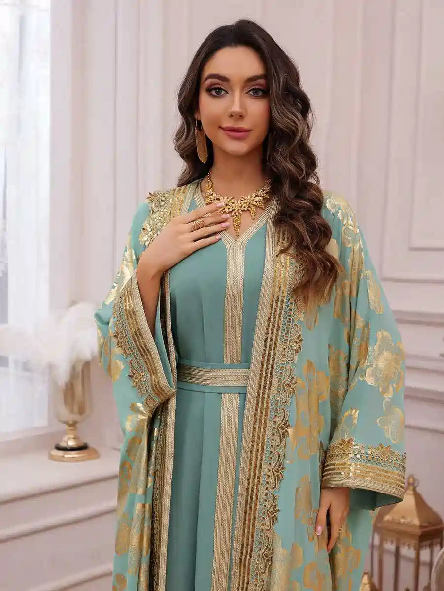 Eid Dress 2 Pieces Set Bronzing Caftan Kaftan With Inner Sleeveless Dress #25473