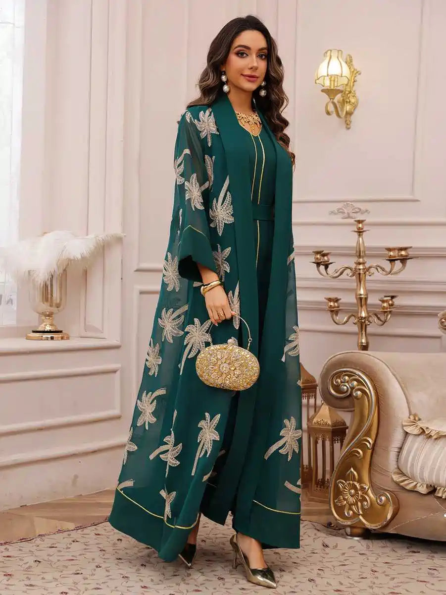 2 Pieces Set Embroidery Eid Dress Caftan Kaftan With Inner Sleeveless Dress #25481