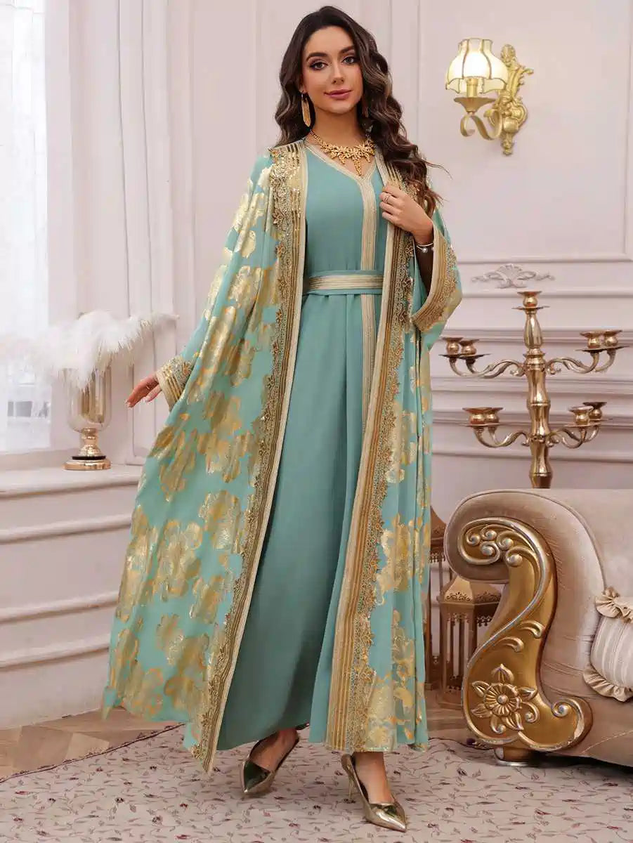Eid Dress 2 Pieces Set Bronzing Caftan Kaftan With Inner Sleeveless Dress #25473