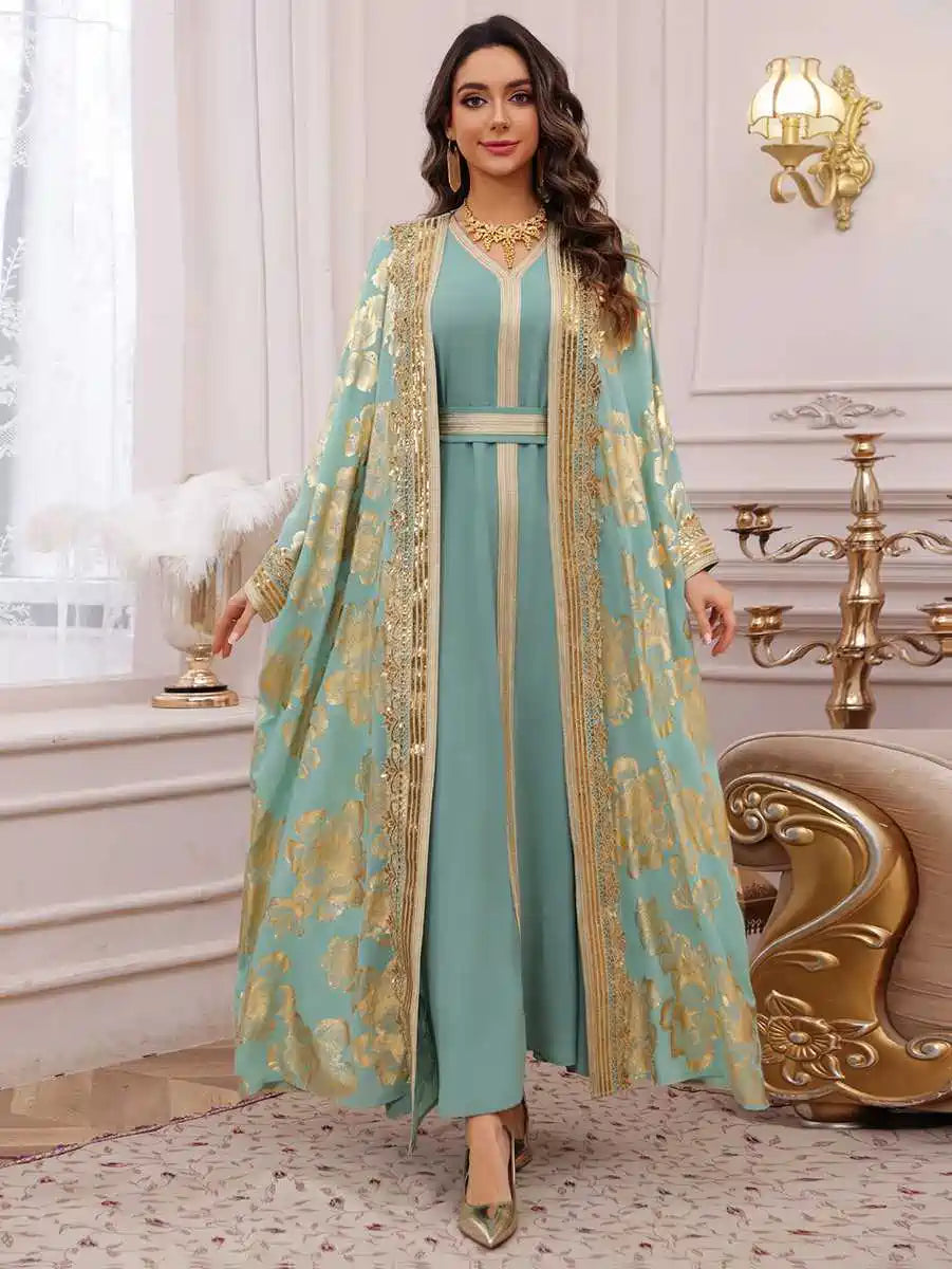 Eid Dress 2 Pieces Set Bronzing Caftan Kaftan With Inner Sleeveless Dress #25473