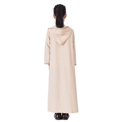 Muslim Girls Embroidered Lace-trimmed Hooded Abaya Dress #25G633