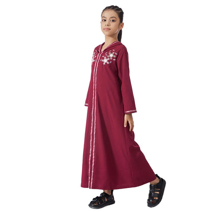 Muslim Girls Embroidered Lace-trimmed Hooded Abaya Dress #25G633