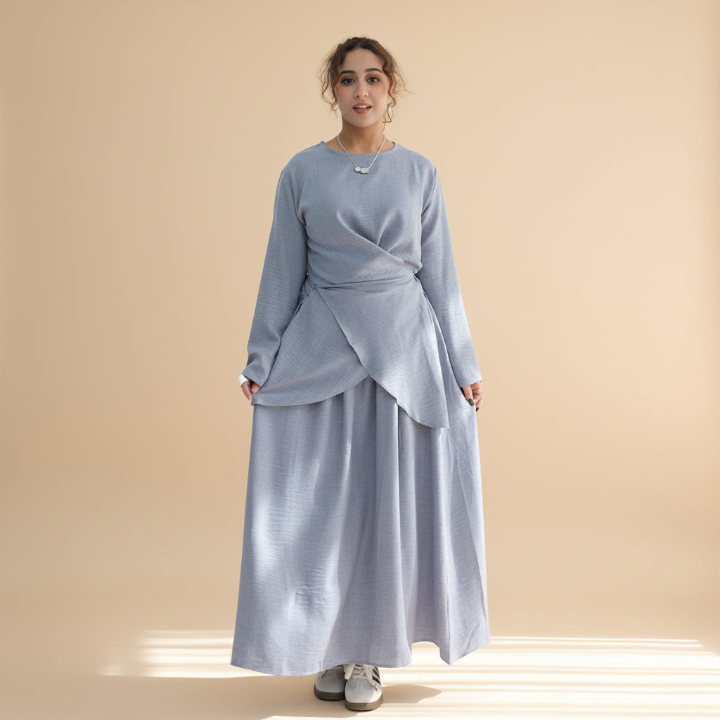 Muslim Women 2 Pieces Set Wrinkle Tops And Skirt Suit Set Abaya Daily Wear #261098