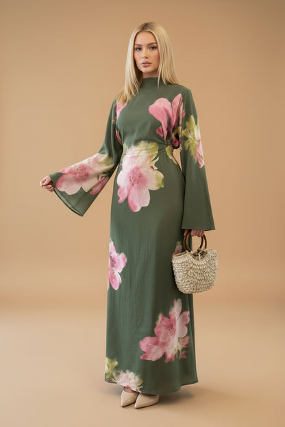 Muslim Women Printed Wrinkle Abaya Dress With Inner Belt #261358