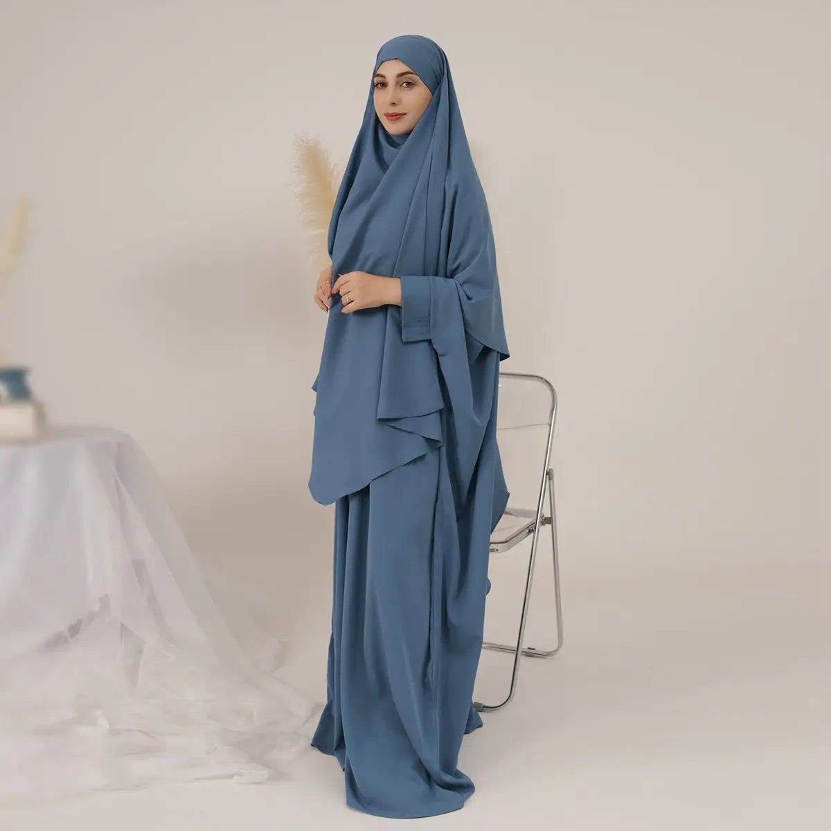 2 Pieces Set Arab Women Prayer Dress Jilbab Abaya Dress With Khimar