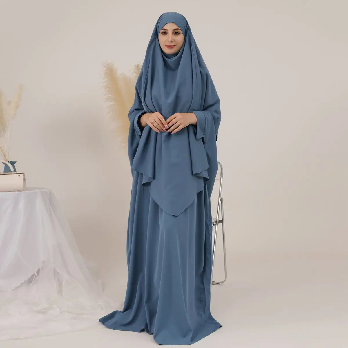 2 Pieces Set Arab Women Prayer Dress Jilbab Abaya Dress With Khimar