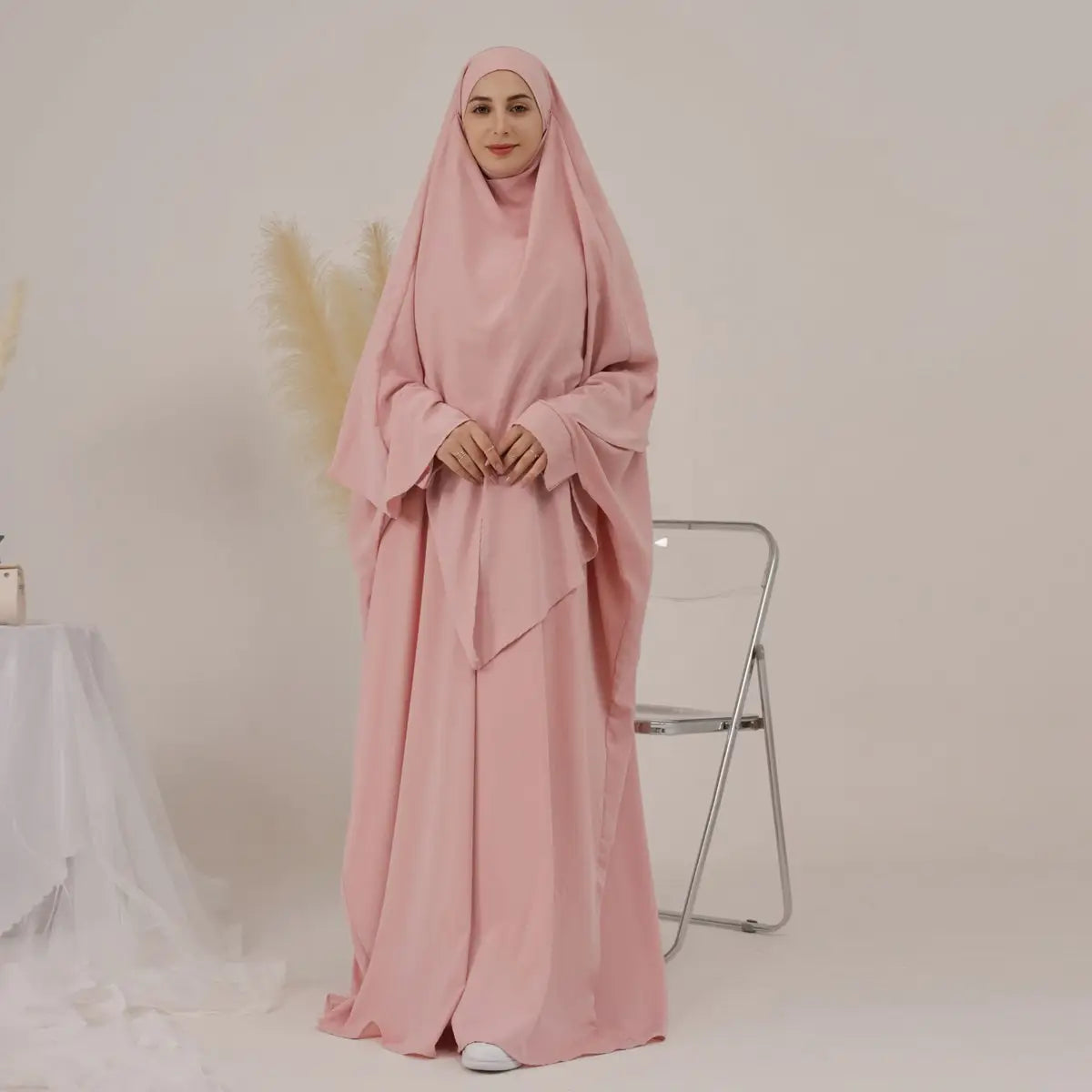 2 Pieces Set Arab Women Prayer Dress Jilbab Abaya Dress With Khimar