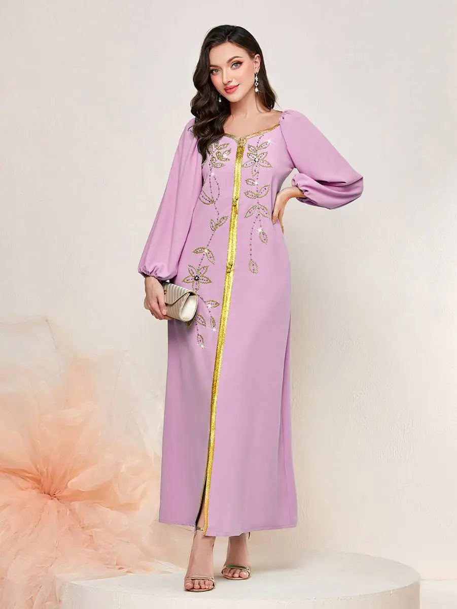 Elegant Hand-stitched Rhinestone Beads Caftan Kaftan Dress