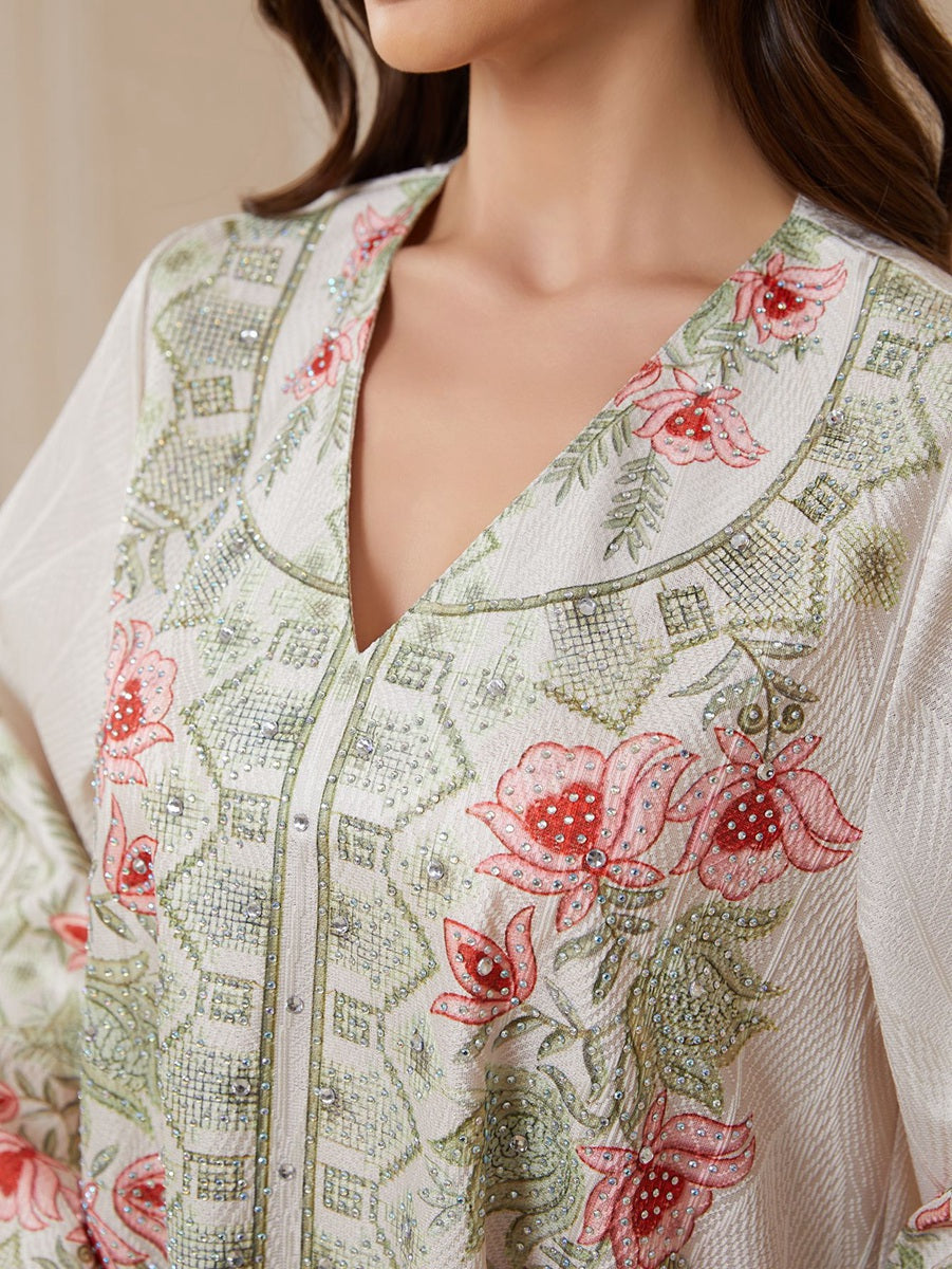 Hotfix Rhinestones Printed Caftan Kaftan Dress For Women - Jacquard Mukhawar Jalabiya Eid Dress -  Apricot - #26N10