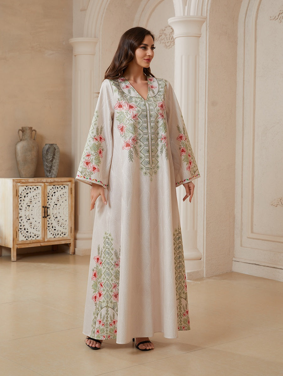 Hotfix Rhinestones Printed Caftan Kaftan Dress For Women - Jacquard Mukhawar Jalabiya Eid Dress -  Apricot - #26N10
