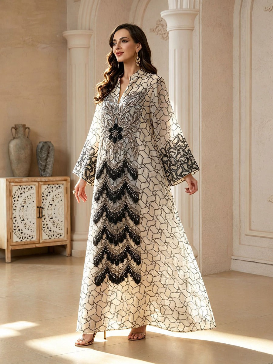 Jacquard Embroidery Caftan Kaftan Dress For Women - Mukhawar Jalabiya Eid Dress - #26361