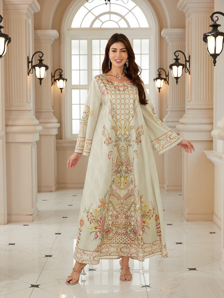 Hotfix Rhinestones Printed Caftan Kaftan Dress For Women - Jacquard Mukhawar Jalabiya Eid Dress -  Apricot - #26N04