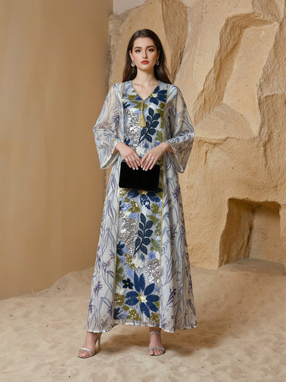 Eid Printed Sequins Muslim Women Caftan Kaftan Dress Jalabiya #25S151