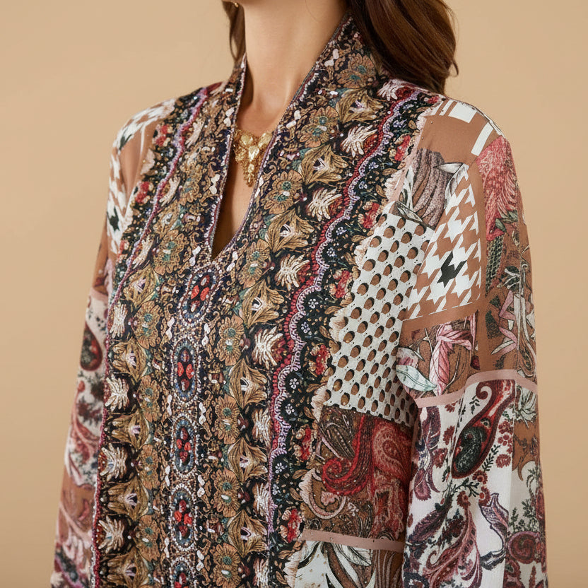 فستان قفطان مطبوع مزين بأحجار الراين بتقنية التثبيت الحراري للعيد #26SX04