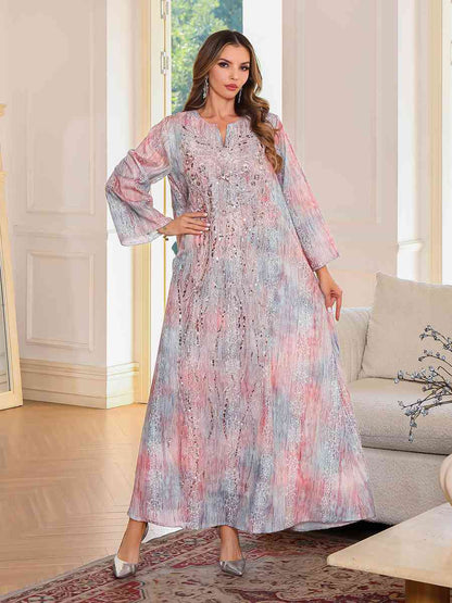 Eid Sequins Dress Muslim Women Printed Caftan Kaftan Dress #25136