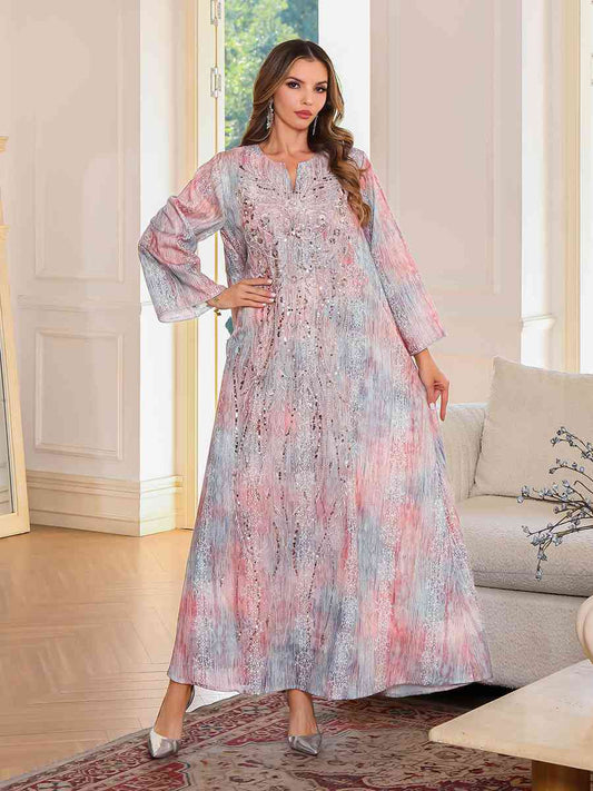 Eid Sequins Dress Muslim Women Printed Caftan Kaftan Dress #25136