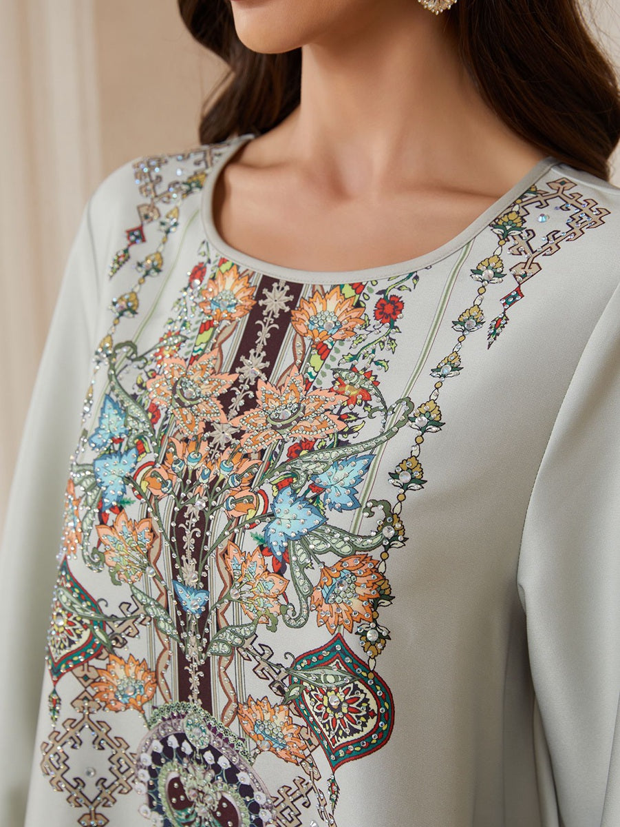 Eid Hotfix Rhinestones Printed Caftan Kaftan Dress Jalabiya #26S2602