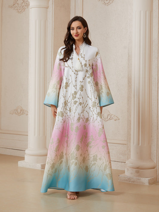 Eid Hotfix Rhinestones Beads Gradient Color Caftan Kaftan Dress Jalabiya #26S2609