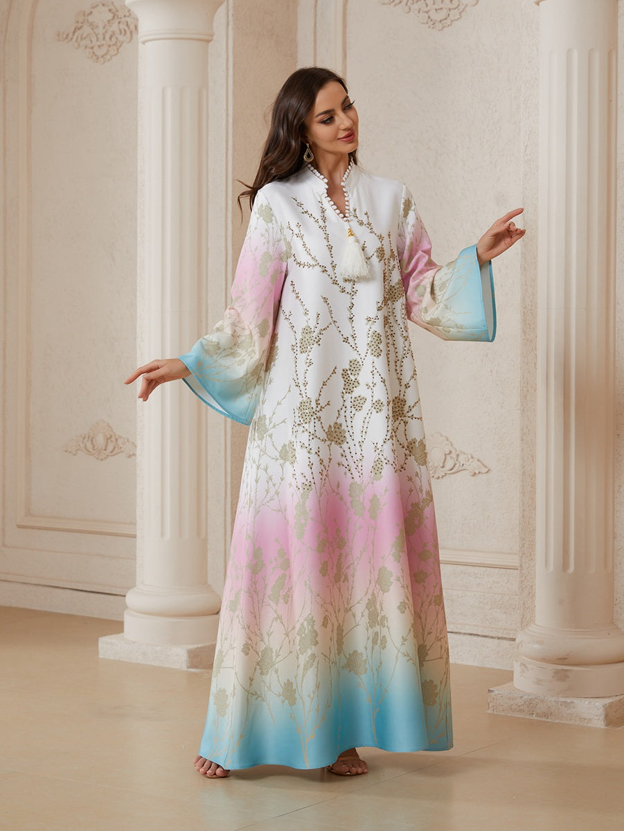 Eid Hotfix Rhinestones Beads Gradient Color Caftan Kaftan Dress Jalabiya #26S2609