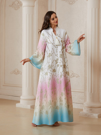 Eid Hotfix Rhinestones Beads Gradient Color Caftan Kaftan Dress Jalabiya #26S2609