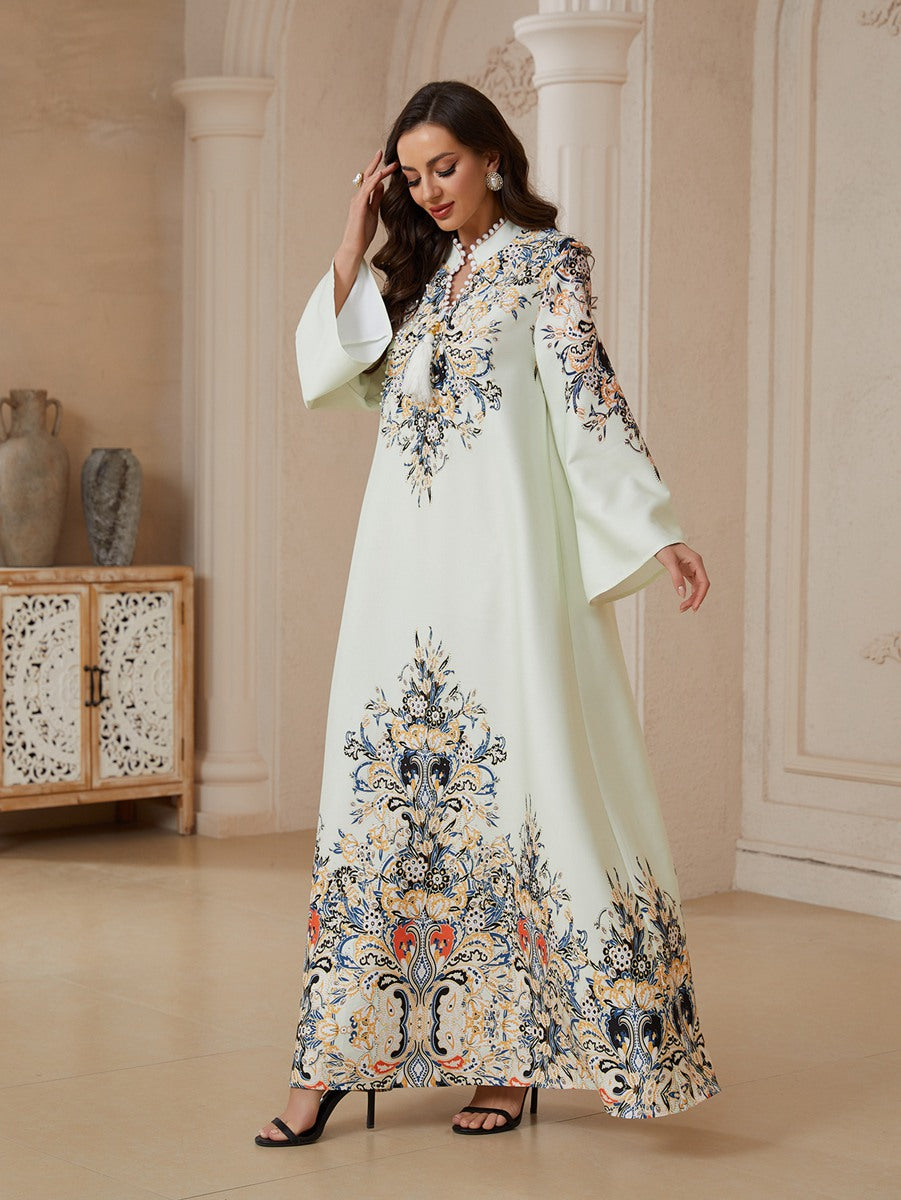 فستان العيد مزين بأحجار الراين الحرارية وشرابة قفطان #26S2610