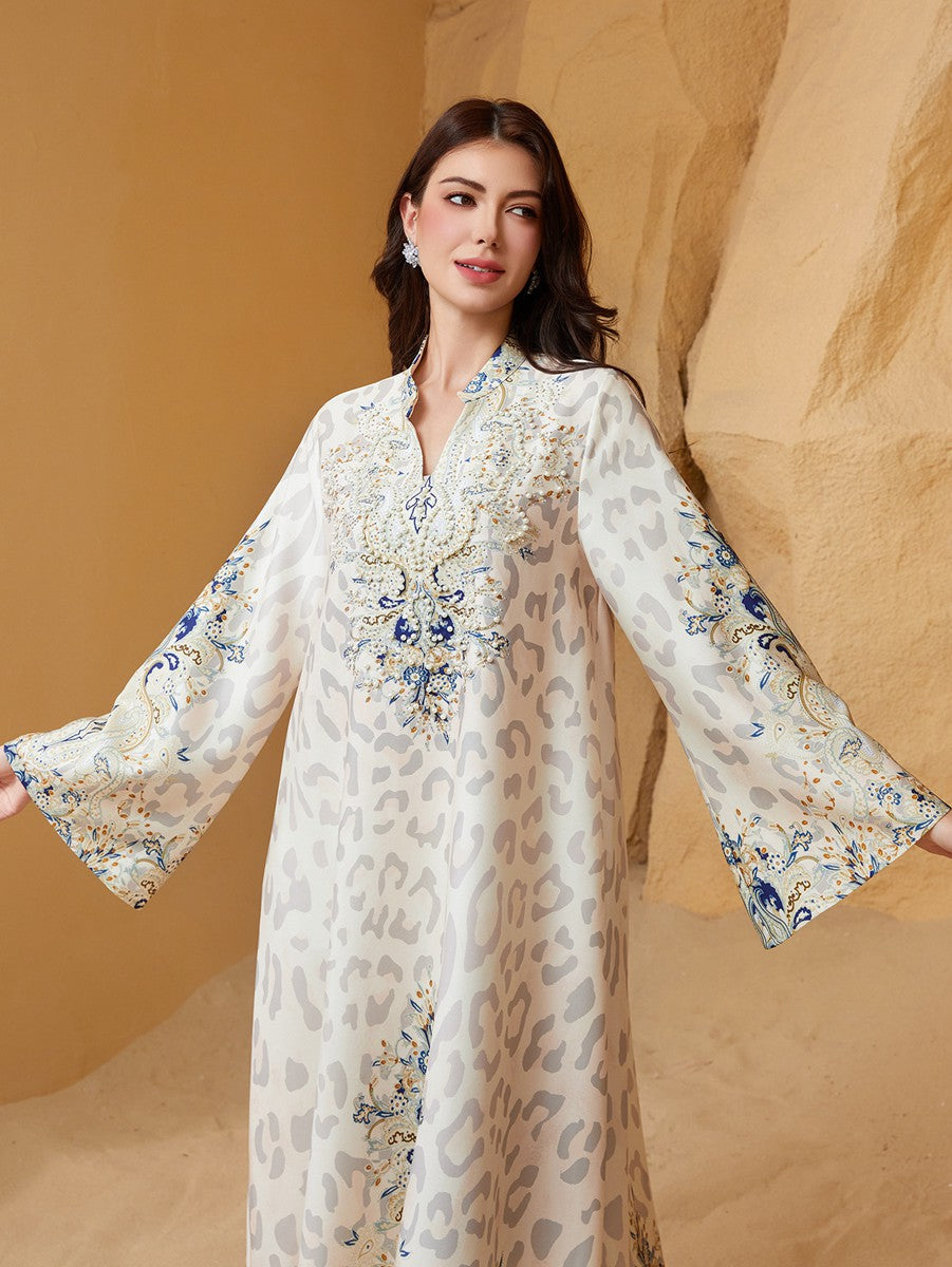 Eid Bead Printed Dress Muslim Women Caftan Kaftan Dress #26S1004