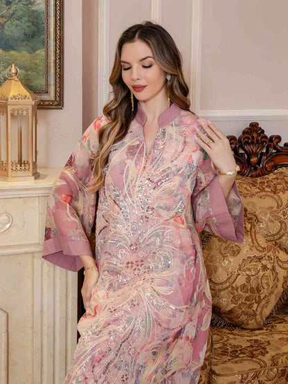 Eid Sequins Printed Dress Muslim Women Caftan Kaftan Dress #25S191