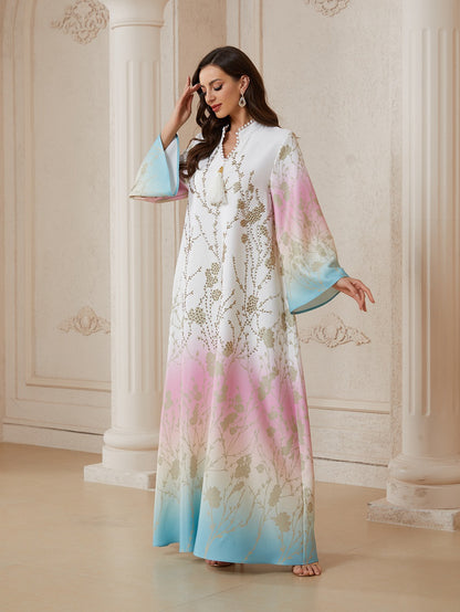 Eid Hotfix Rhinestones Beads Gradient Color Caftan Kaftan Dress Jalabiya #26S2609
