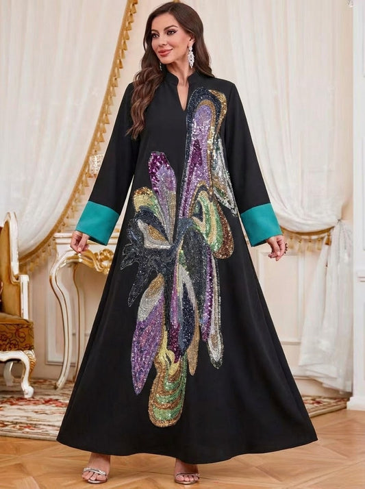 Hand-stitched Beads Caftan Kaftan Dress For Women - Eid Dress Mukhawar Jalabiya - Black -#26N189