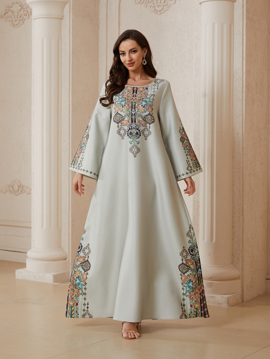 Eid Hotfix Rhinestones Printed Caftan Kaftan Dress Jalabiya #26S2602