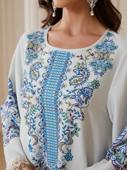 فستان قفطان مطبوع بحجر الراين للعيد جلابية #26S2612