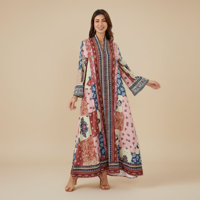 فستان قفطان مطبوع بالهوتفيكس وحجر الراين للعيد جلابية #26SX16