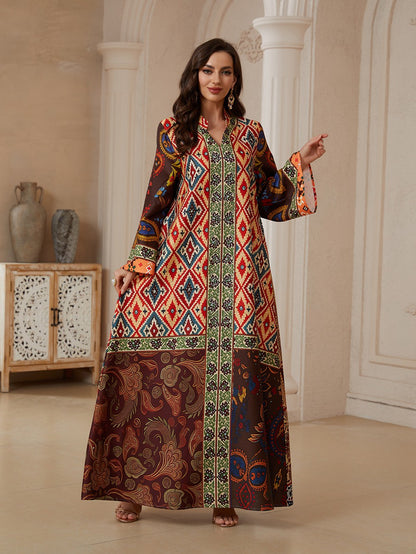 Eid Hotfix Rhinestones Printed Caftan Kaftan Dress #26S2607