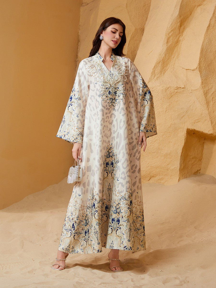 Eid Bead Printed Dress Muslim Women Caftan Kaftan Dress #26S1004