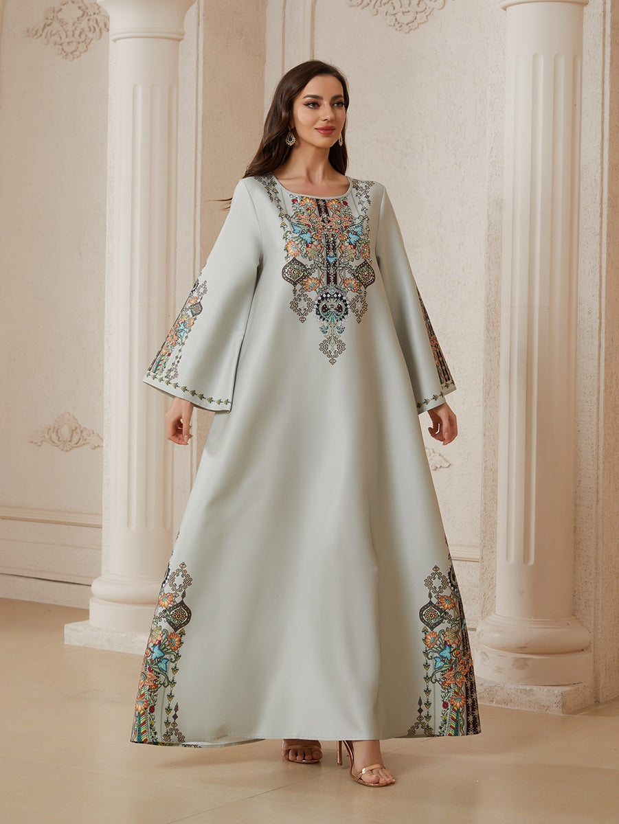 Eid Hotfix Rhinestones Printed Caftan Kaftan Dress Jalabiya #26S2602
