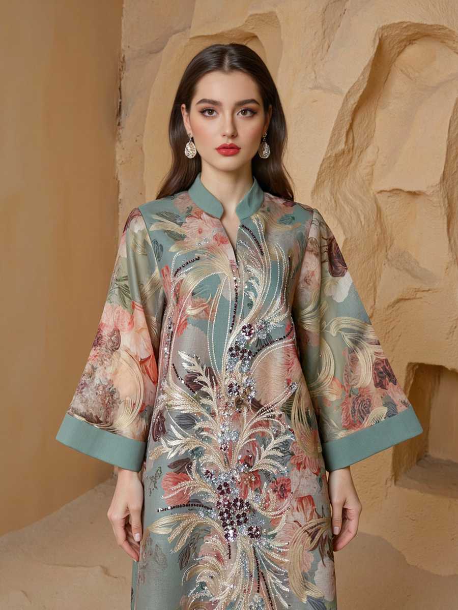Eid Sequins Printed Dress Muslim Women Caftan Kaftan Dress #25S191