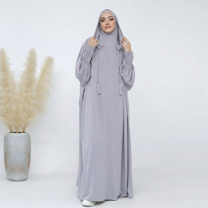 Light Gray - XS/S - Muslim Women Hooded Abaya Prayer Dress Cotton Blend Jilbab Halal Clothing