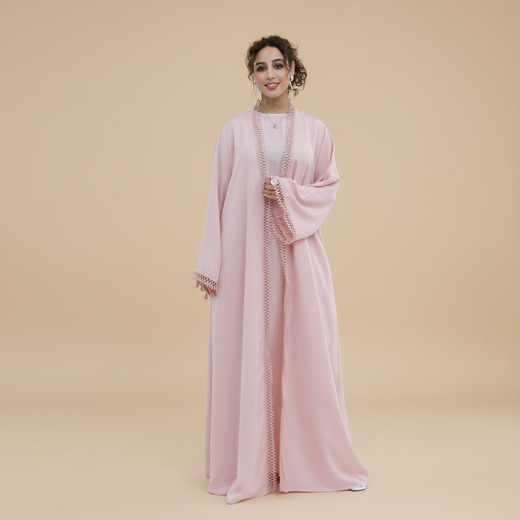 3D Floral Lace 2 Pieces Set Open Abaya Dress Set - With Inner Sleeveless Abaya Dress - #261182
