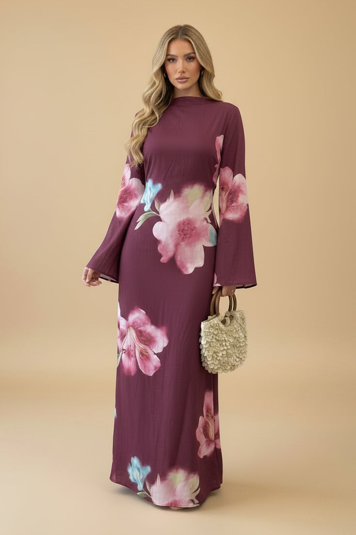 Muslim Women Printed Wrinkle Abaya Dress With Inner Belt #261358