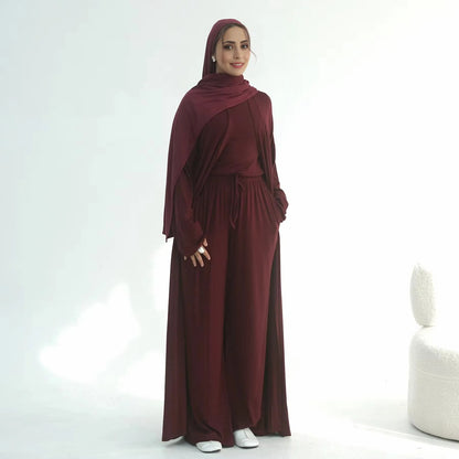 Muslim Women 3 Pieces Set Modal Tops And Pants Suit Set With Open Abaya Dress #251076