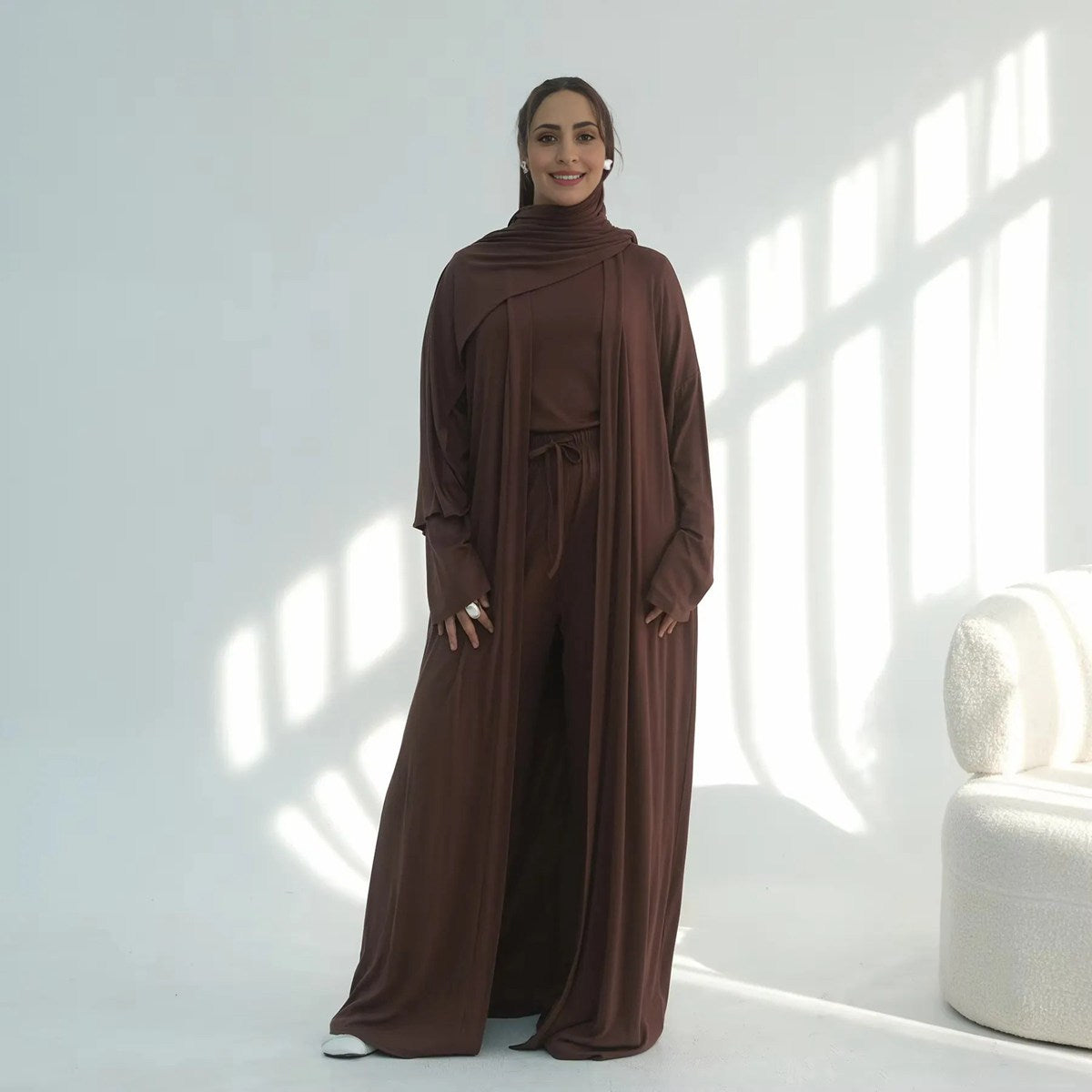 Muslim Women 3 Pieces Set Modal Tops And Pants Suit Set With Open Abaya Dress #251076