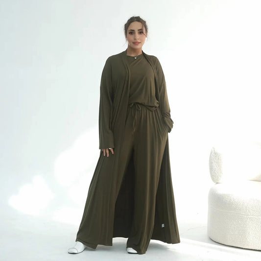 طقم ملابس نسائية مسلمة مكون من 3 قطع، بلوزة وبنطال من قماش المودال مع عباية مفتوحة #251076