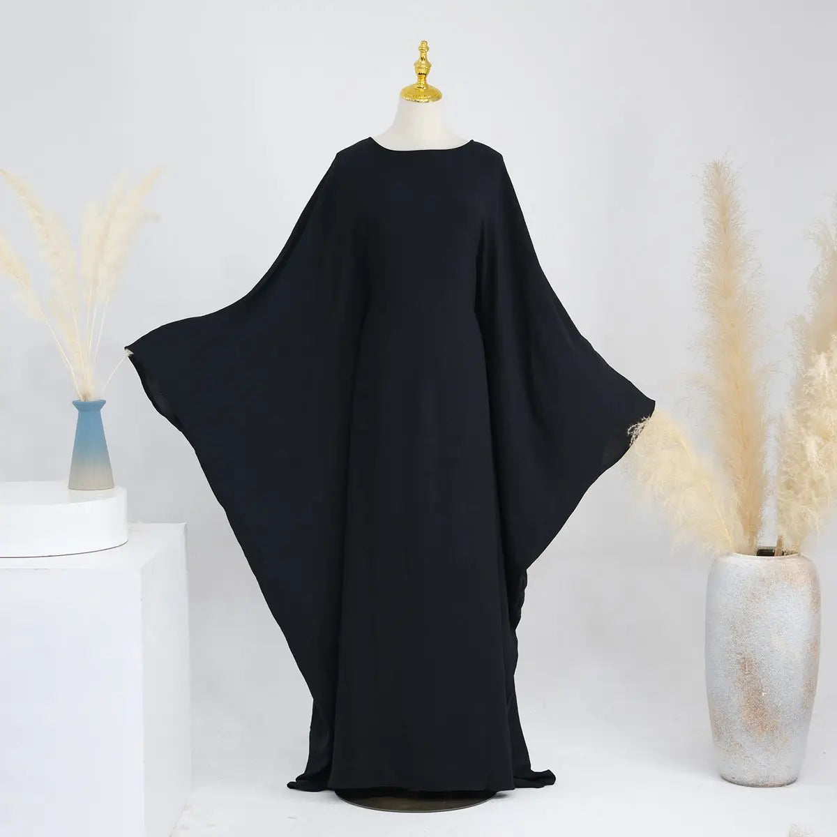 Wrinkle Fabric Batwing Sleeve Farasha Abaya Dress With Inner Belt