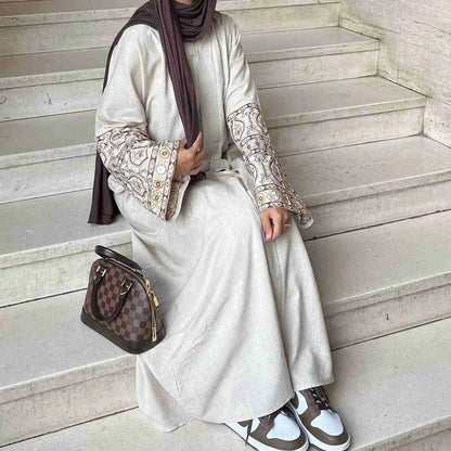 Modest Fashion Embroidery Sleeve Cardigan Open Abaya Dress