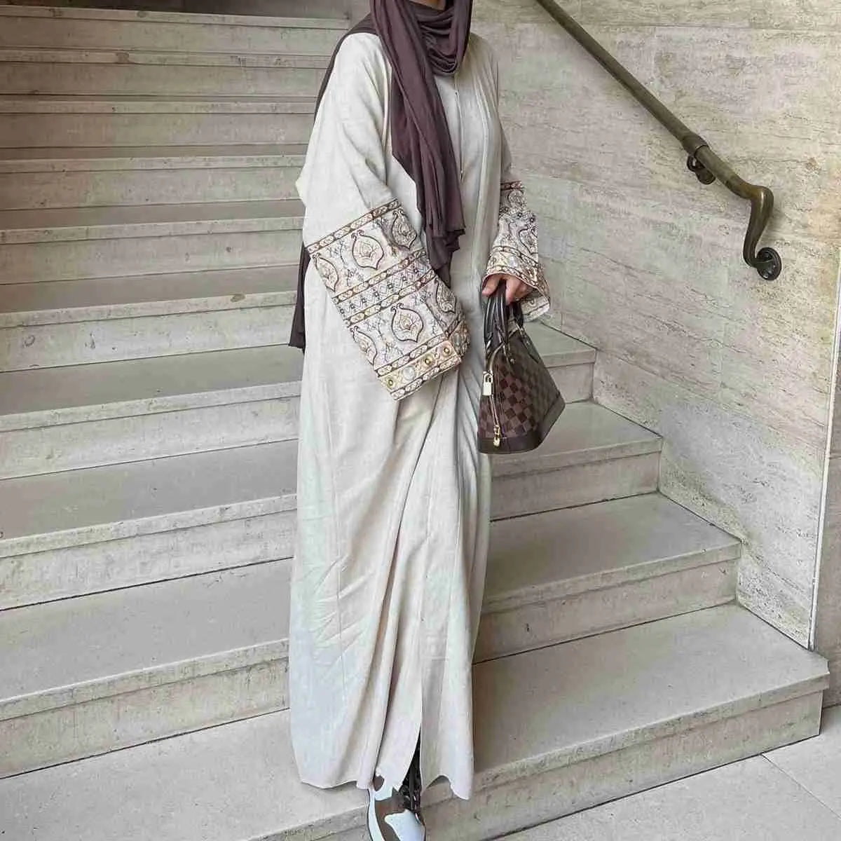 Modest Fashion Embroidery Sleeve Cardigan Open Abaya Dress