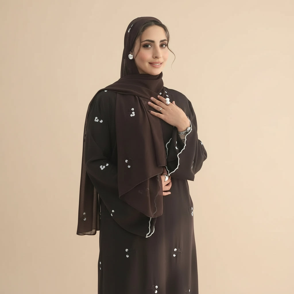 فستان نيدا مفتوح من العباءة المطرزة بالورود مع حجاب متناسق #251120